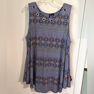 New Directions Blouse Womens 2X Blue Orange Sleeveless Grommet Top